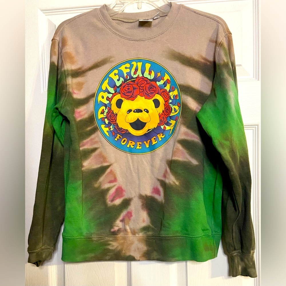 Grateful Dead Sweatshirt Green Tie Dye Dancing Bear Rose Crown Women's XS